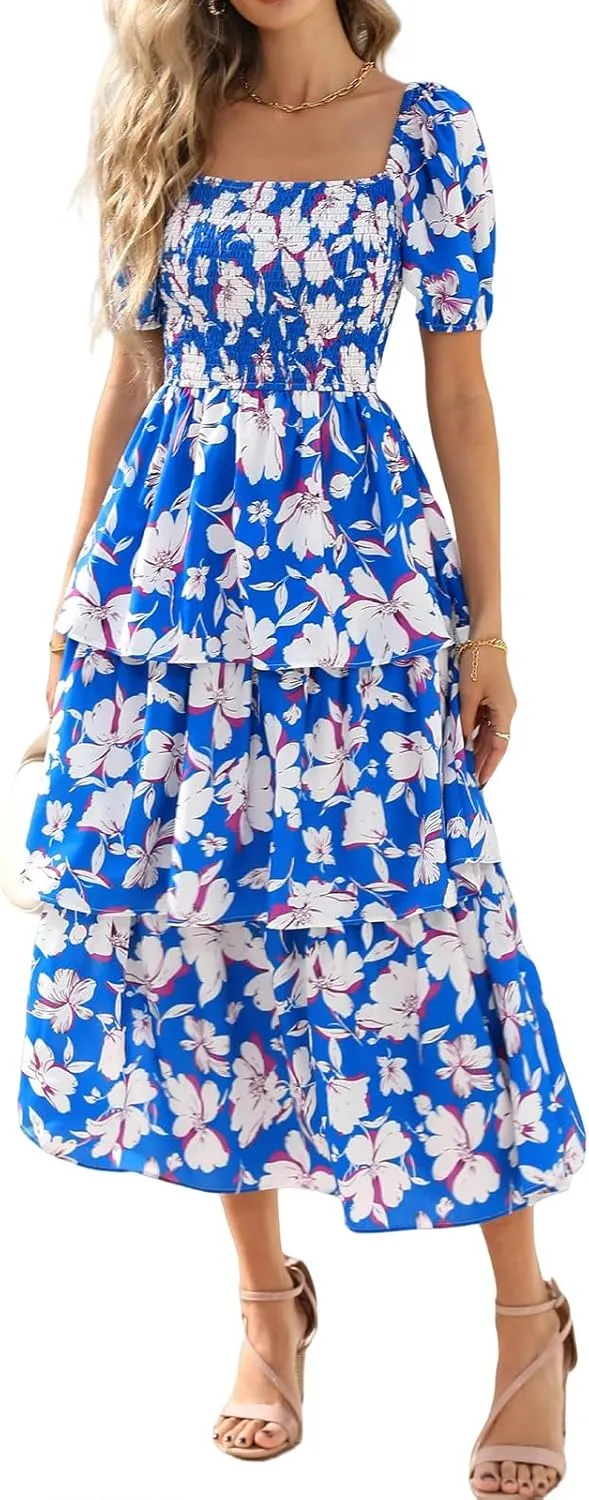 Womens Boho Summer Dresses Square Neck Smocked Dress Puff Short Sleeve Tiered Ruffle Dresses Wedding Guest Dress