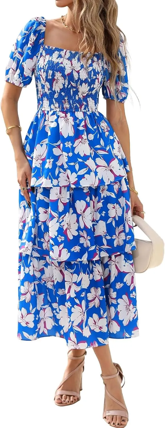 Womens Boho Summer Dresses Square Neck Smocked Dress Puff Short Sleeve Tiered Ruffle Dresses Wedding Guest Dress