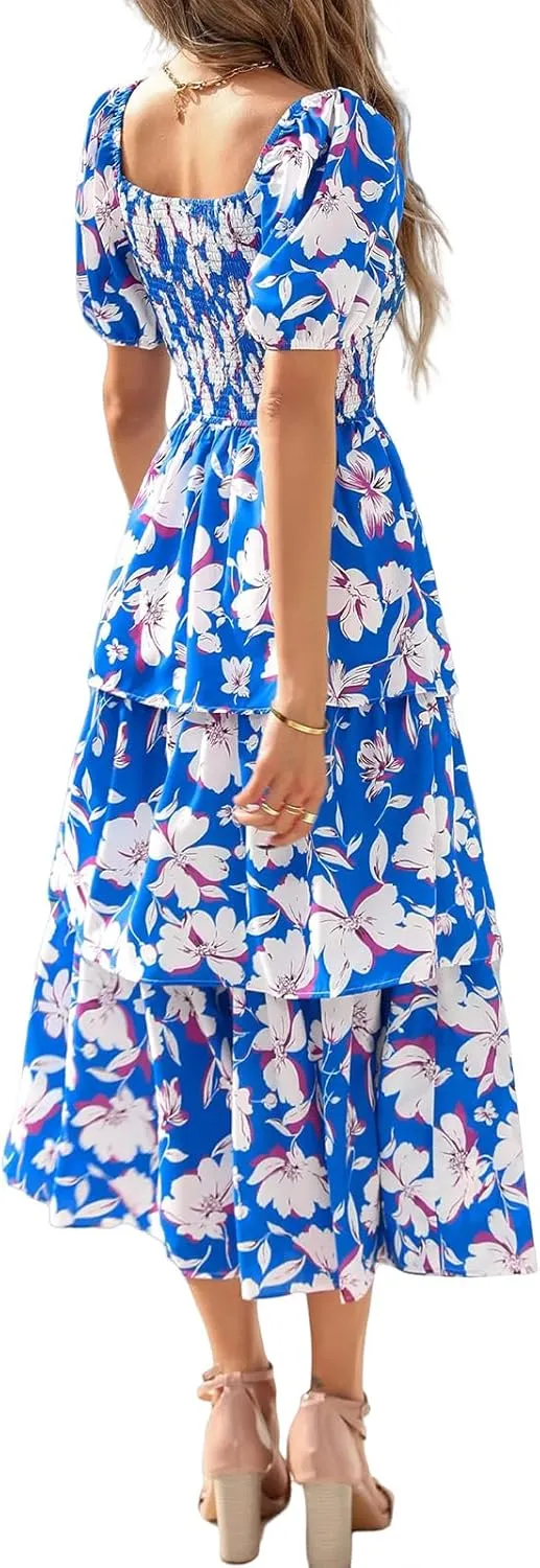 Womens Boho Summer Dresses Square Neck Smocked Dress Puff Short Sleeve Tiered Ruffle Dresses Wedding Guest Dress