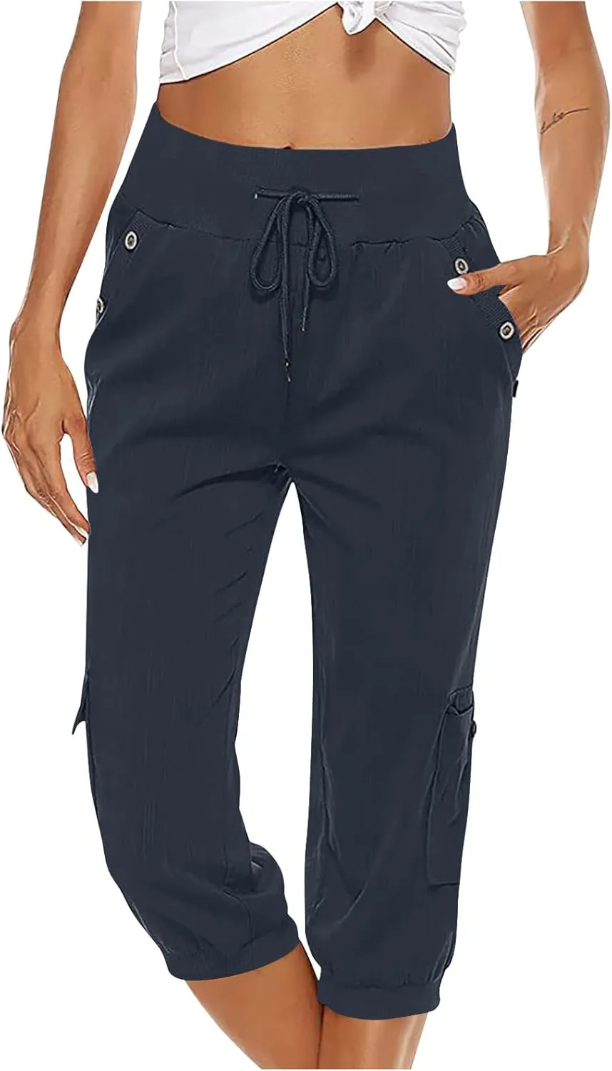 Womens Cargo Capri Pants Hiking Cropped Pants Lightweight Quick Dry Joggers Drawstring Elastic Waist Athletic Pant