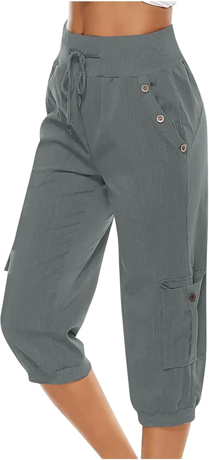 Womens Cargo Capri Pants Hiking Cropped Pants Lightweight Quick Dry Joggers Drawstring Elastic Waist Athletic Pant
