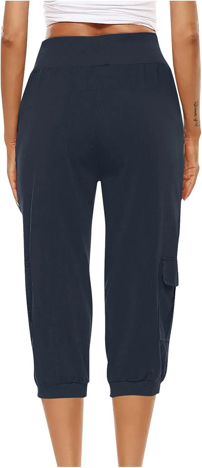 Womens Cargo Capri Pants Hiking Cropped Pants Lightweight Quick Dry Joggers Drawstring Elastic Waist Athletic Pant