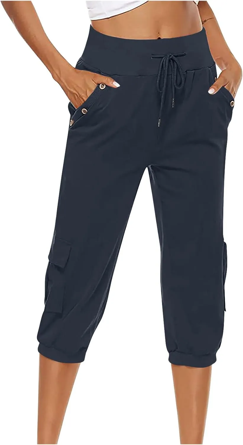 Womens Cargo Capri Pants Hiking Cropped Pants Lightweight Quick Dry Joggers Drawstring Elastic Waist Athletic Pant