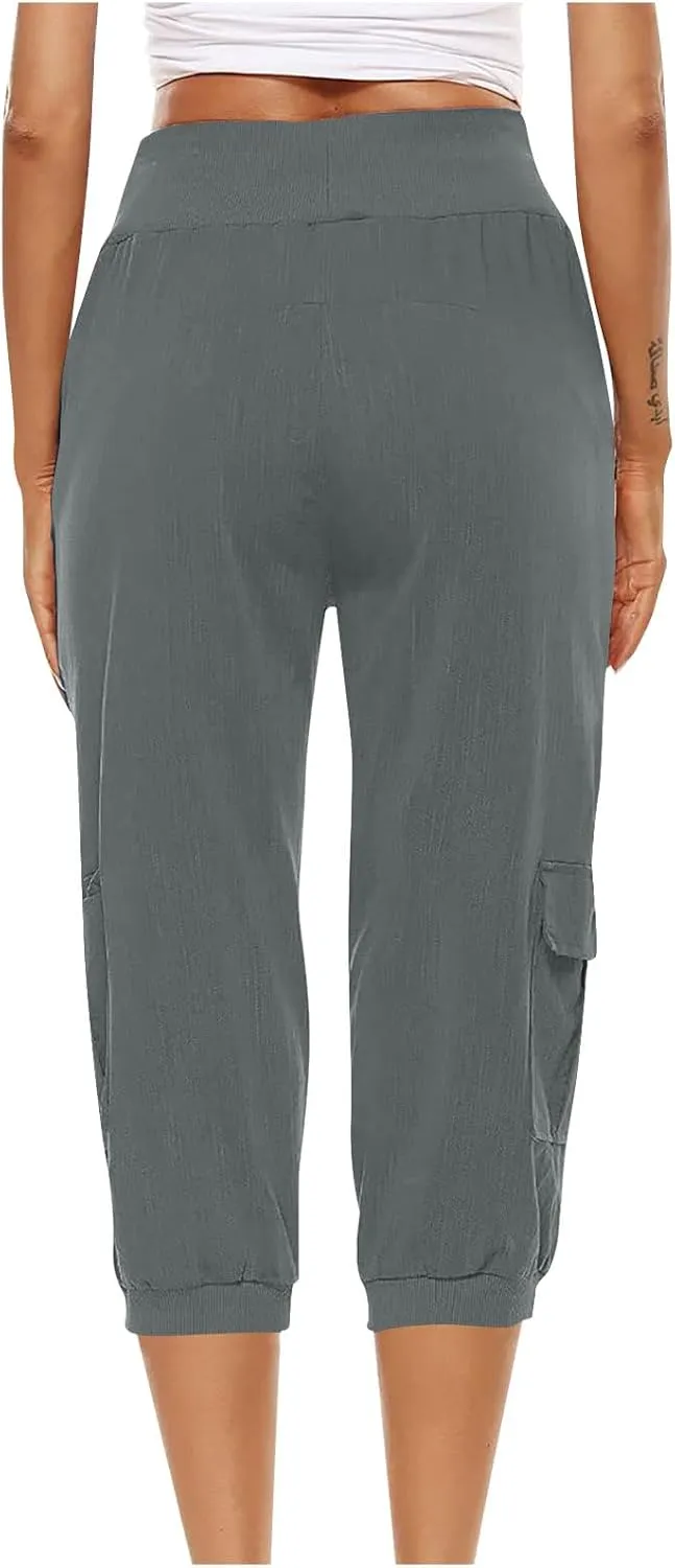 Womens Cargo Capri Pants Hiking Cropped Pants Lightweight Quick Dry Joggers Drawstring Elastic Waist Athletic Pant