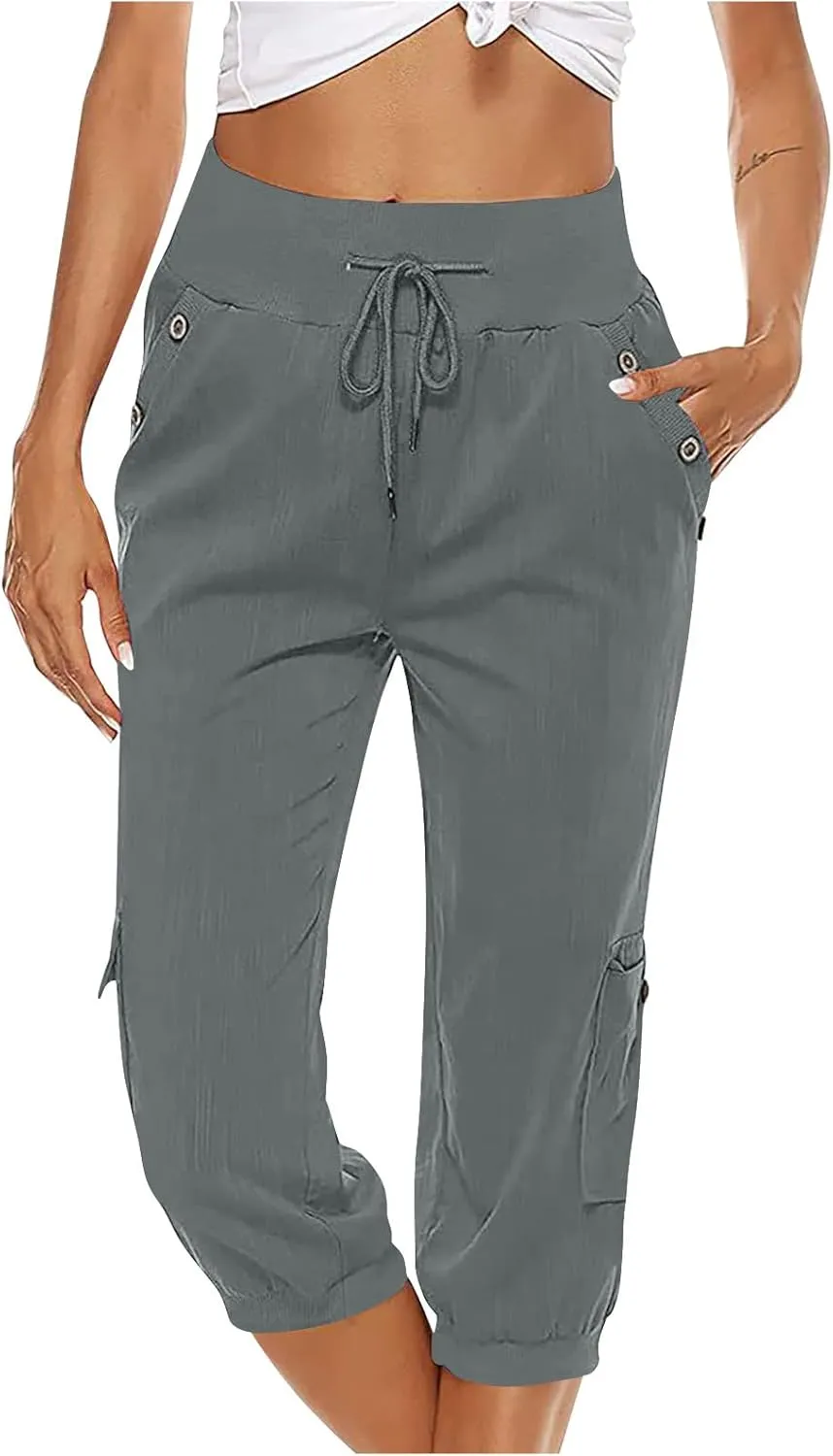 Womens Cargo Capri Pants Hiking Cropped Pants Lightweight Quick Dry Joggers Drawstring Elastic Waist Athletic Pant