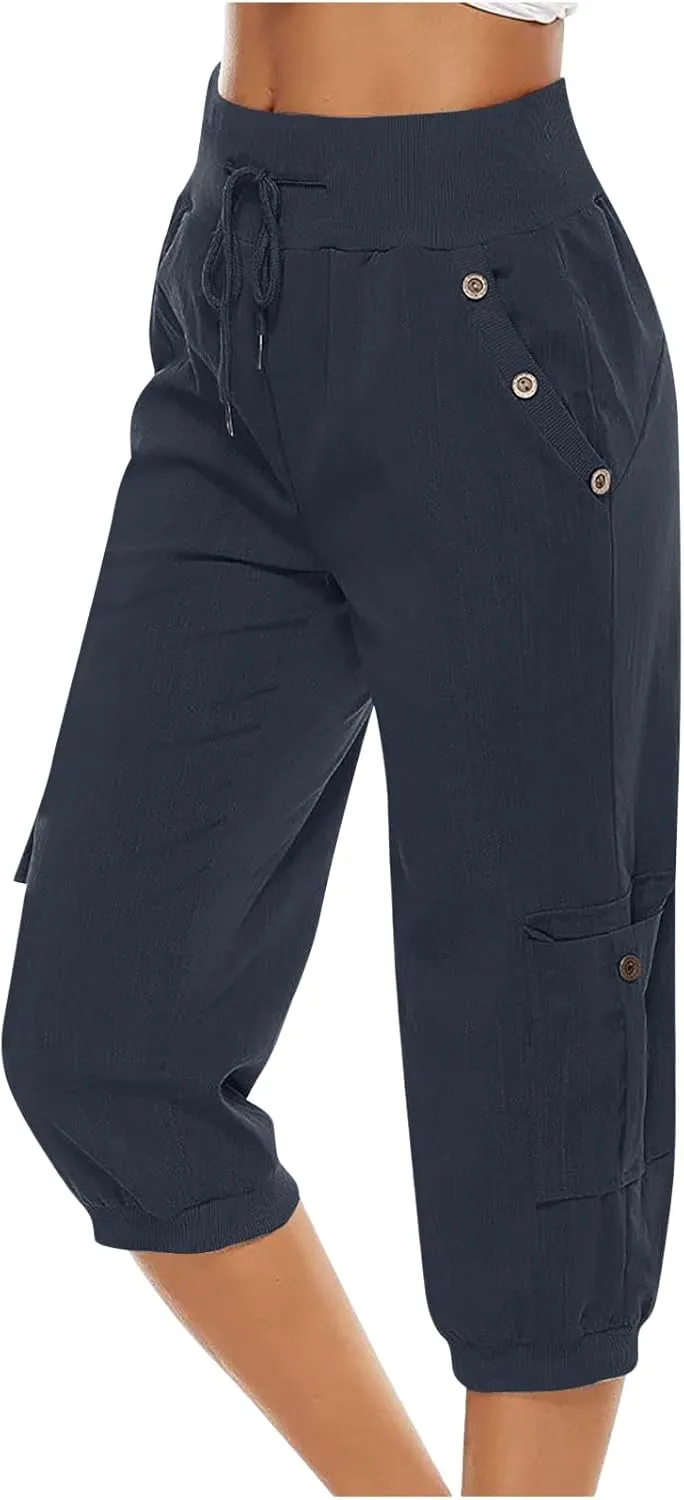 Womens Cargo Capri Pants Hiking Cropped Pants Lightweight Quick Dry Joggers Drawstring Elastic Waist Athletic Pant