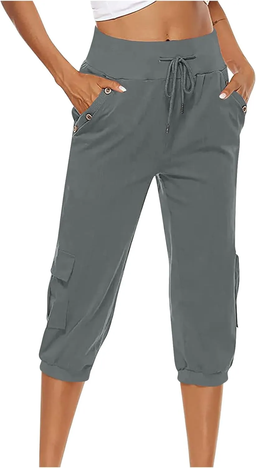 Womens Cargo Capri Pants Hiking Cropped Pants Lightweight Quick Dry Joggers Drawstring Elastic Waist Athletic Pant