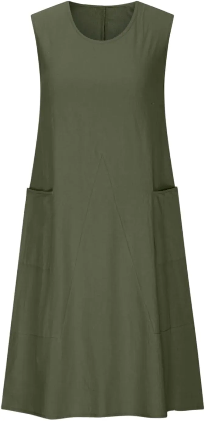 Womens Casual Dresses Cotton Linen T Shirt Dress Summer Loose Long Beach Dress Swing Midi Sundress with Pockets