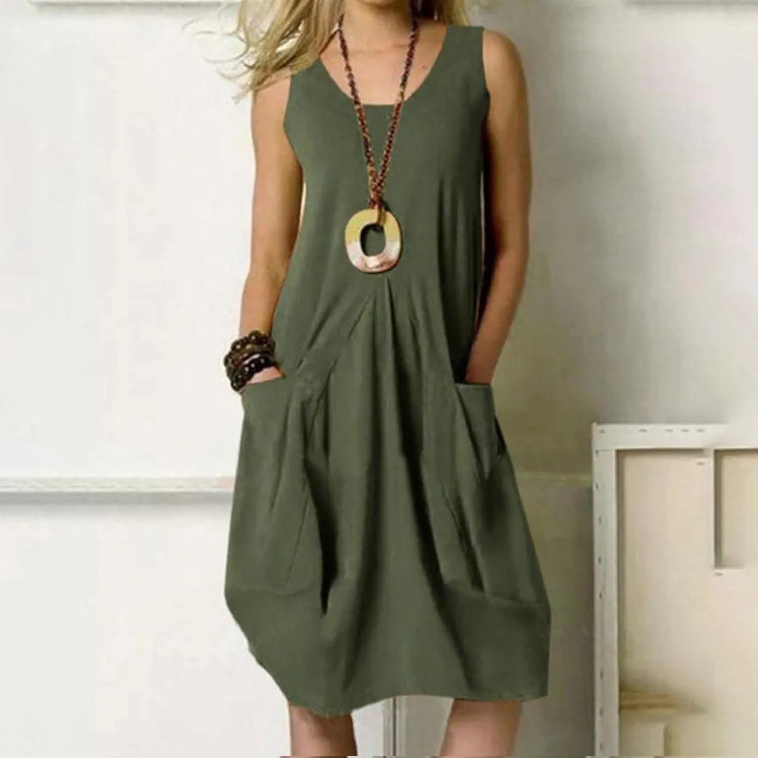 Womens Casual Dresses Cotton Linen T Shirt Dress Summer Loose Long Beach Dress Swing Midi Sundress with Pockets