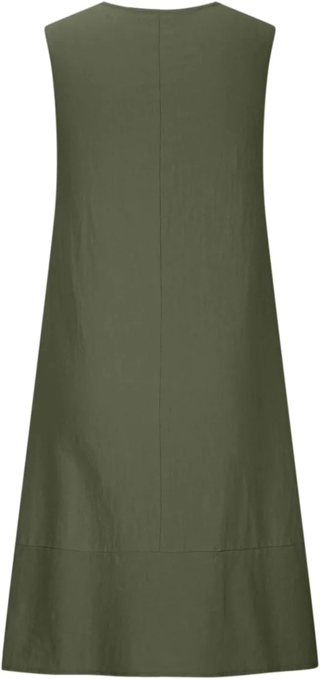 Womens Casual Dresses Cotton Linen T Shirt Dress Summer Loose Long Beach Dress Swing Midi Sundress with Pockets