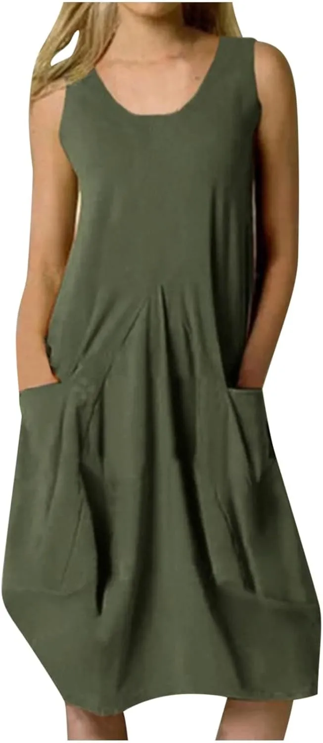 Womens Casual Dresses Cotton Linen T Shirt Dress Summer Loose Long Beach Dress Swing Midi Sundress with Pockets