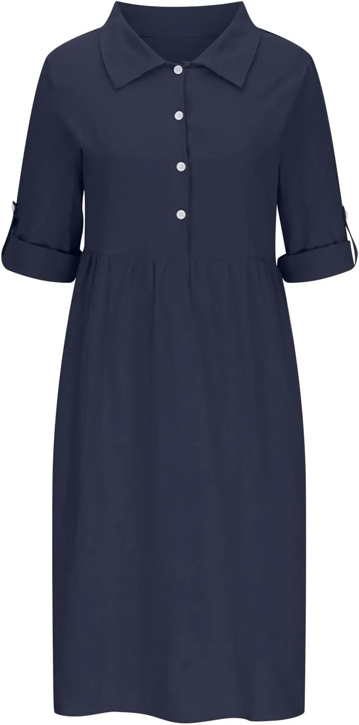 Women's Casual Lapel V Neck Boho Dress Long Sleeve High Waist Solid Color Smocked Flowy Ruffle Midi Dresses