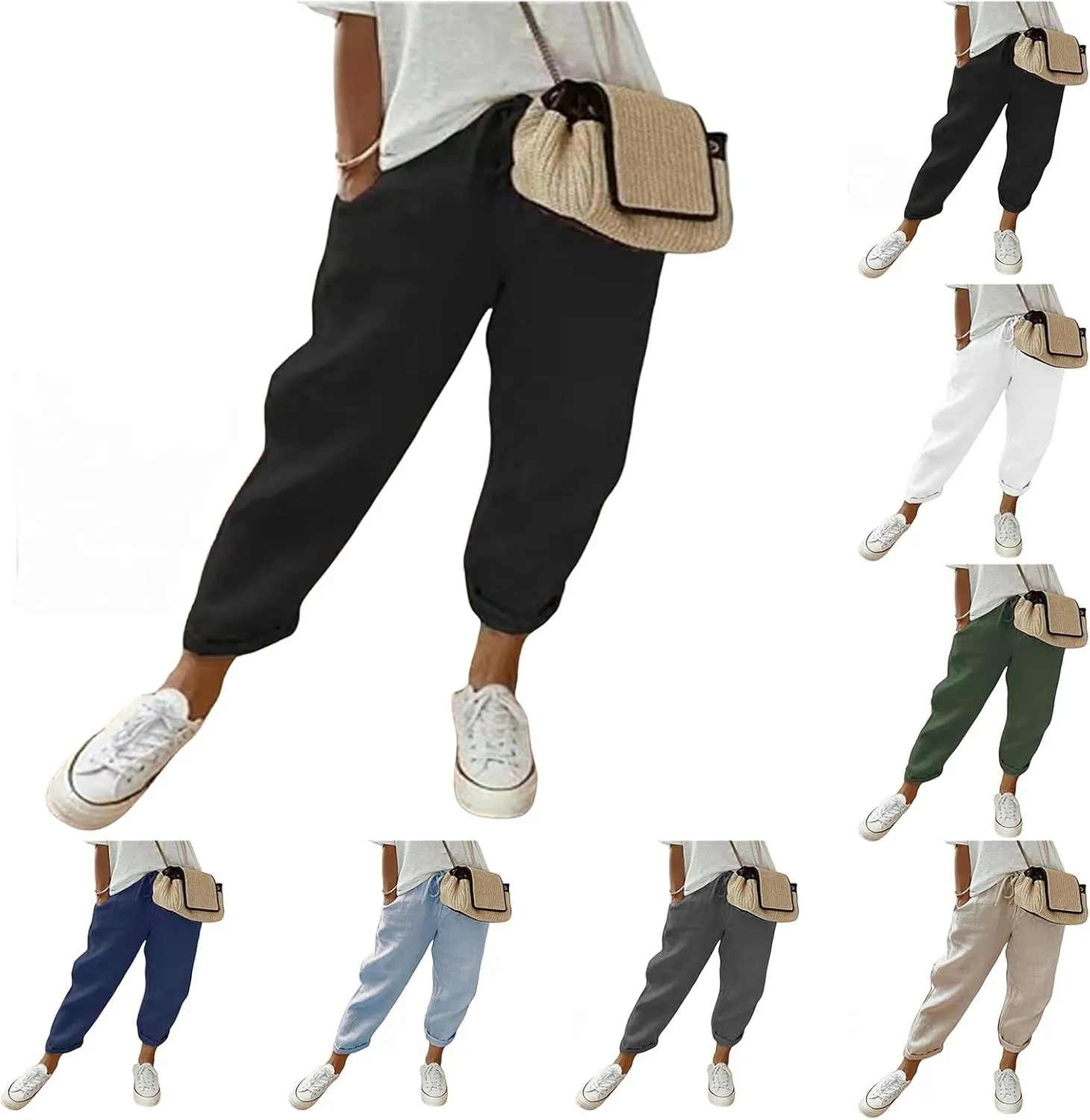 Womens Cotton Linen Pants Casual Tapered Capri Pants Drawstring High Waisted Loose Comfy Palazzo Trousers with Pockets