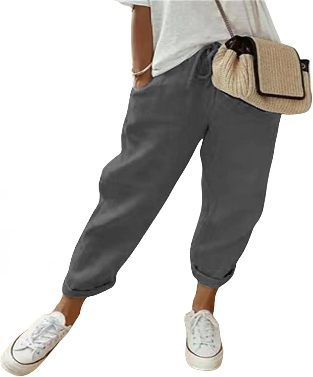 Womens Cotton Linen Pants Casual Tapered Capri Pants Drawstring High Waisted Loose Comfy Palazzo Trousers with Pockets