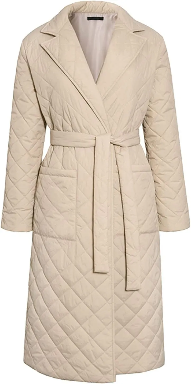 Womens Elegant Temperament Solid Quilted Jacket with Belt Long Sleeve Pockets Overcoat Lightweight Warm Casual Outwear