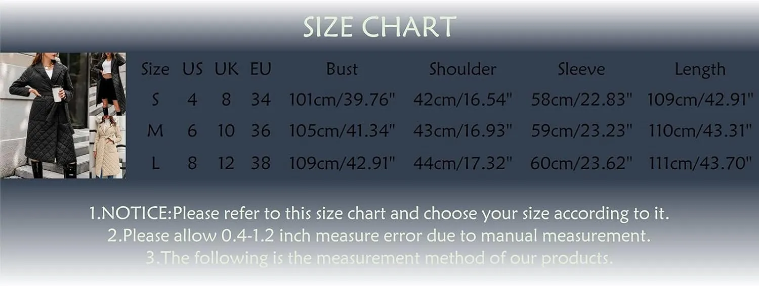 Womens Elegant Temperament Solid Quilted Jacket with Belt Long Sleeve Pockets Overcoat Lightweight Warm Casual Outwear