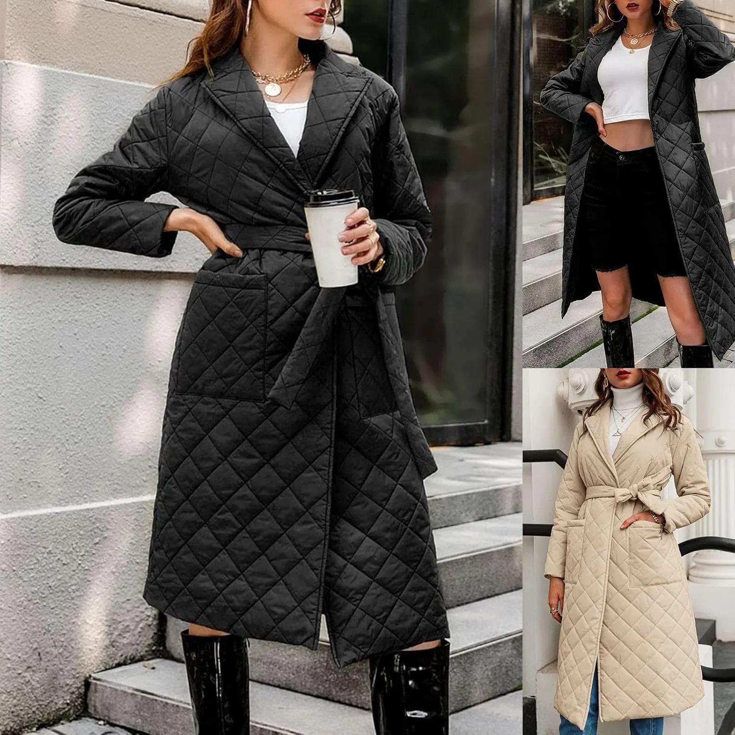 Womens Elegant Temperament Solid Quilted Jacket with Belt Long Sleeve Pockets Overcoat Lightweight Warm Casual Outwear