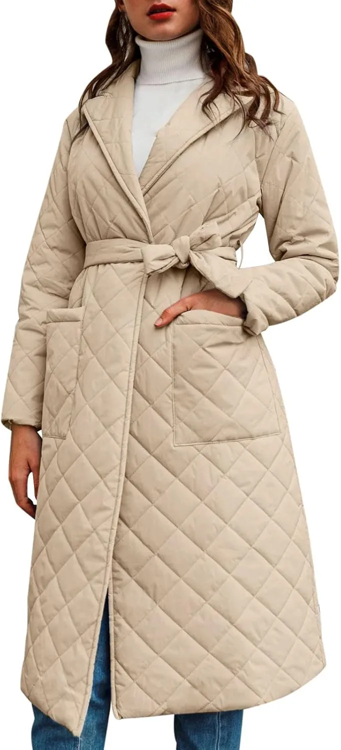 Womens Elegant Temperament Solid Quilted Jacket with Belt Long Sleeve Pockets Overcoat Lightweight Warm Casual Outwear