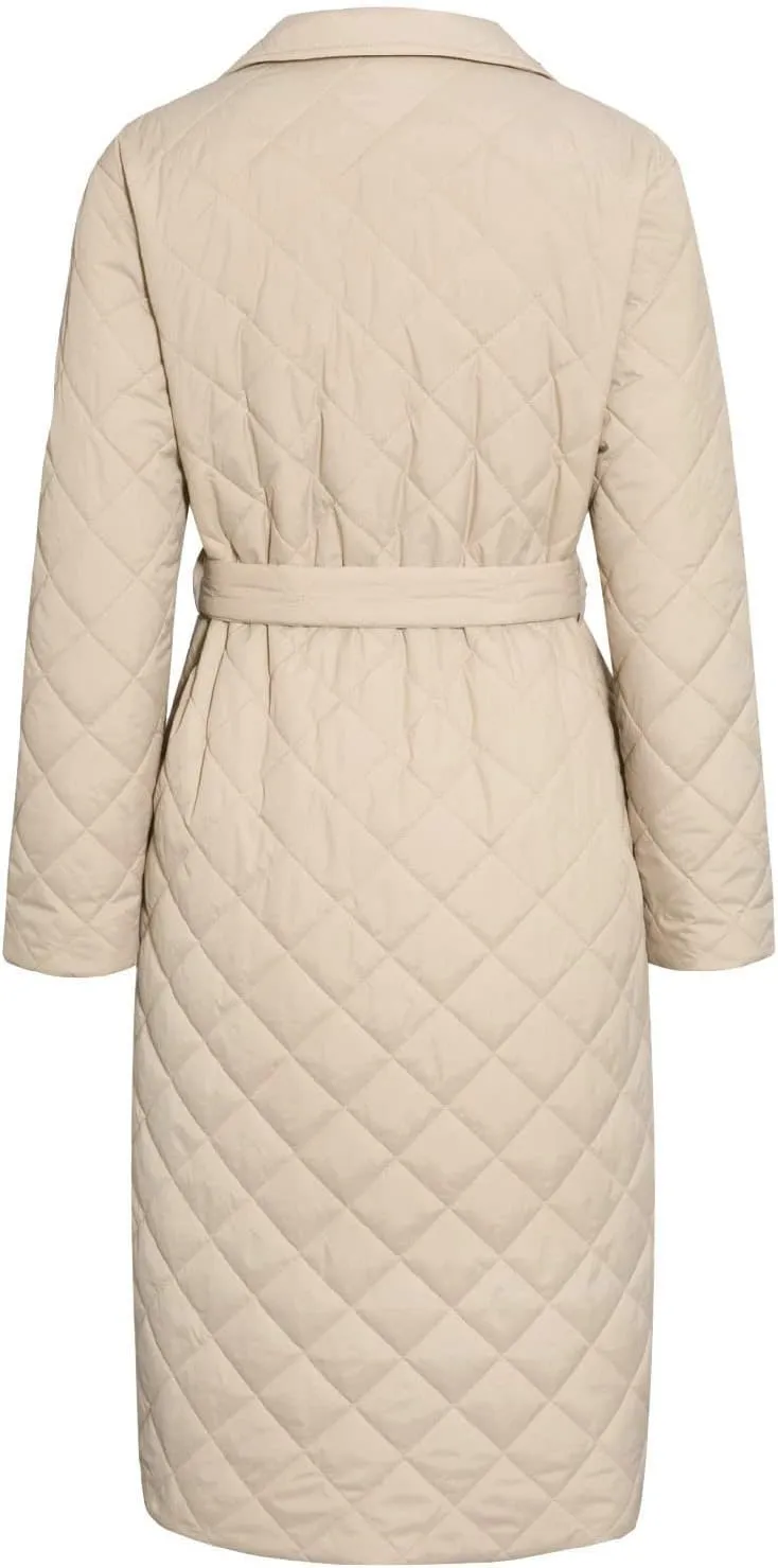 Womens Elegant Temperament Solid Quilted Jacket with Belt Long Sleeve Pockets Overcoat Lightweight Warm Casual Outwear