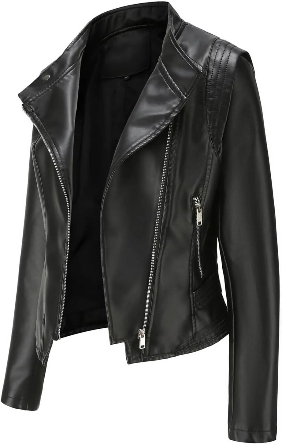 Womens Faux Leather Jacket Motorcycle Moto Biker Short Coat Slim Fit Outwear Zip Up Cropped Coats Trendy Fall Clothes