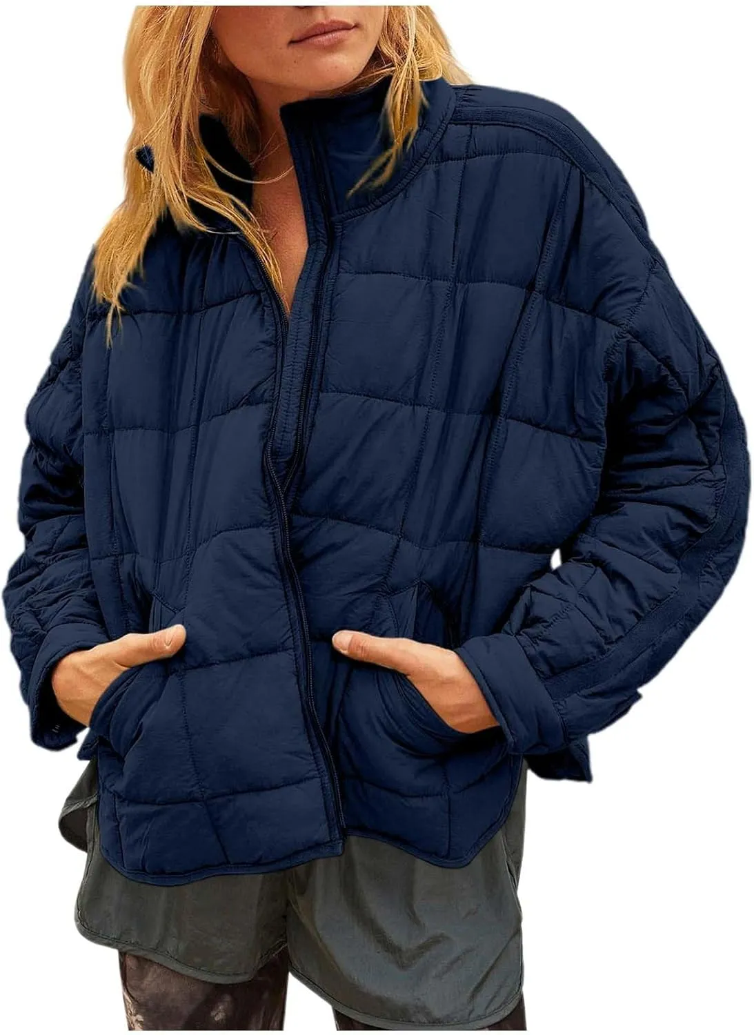 Women's Lightweight Oversized Long Sleeve Zip Waterproof Packable Puffer Jacket Warm Short down Coat with Pockets