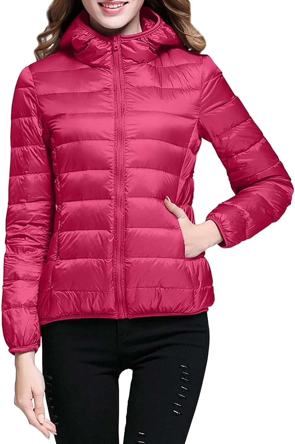 Women's Packable Puffer Jacket Full-Zip Hoodie Down Jacket Lightweight Quilted Travel Outwear Puffer Coat with Pockets