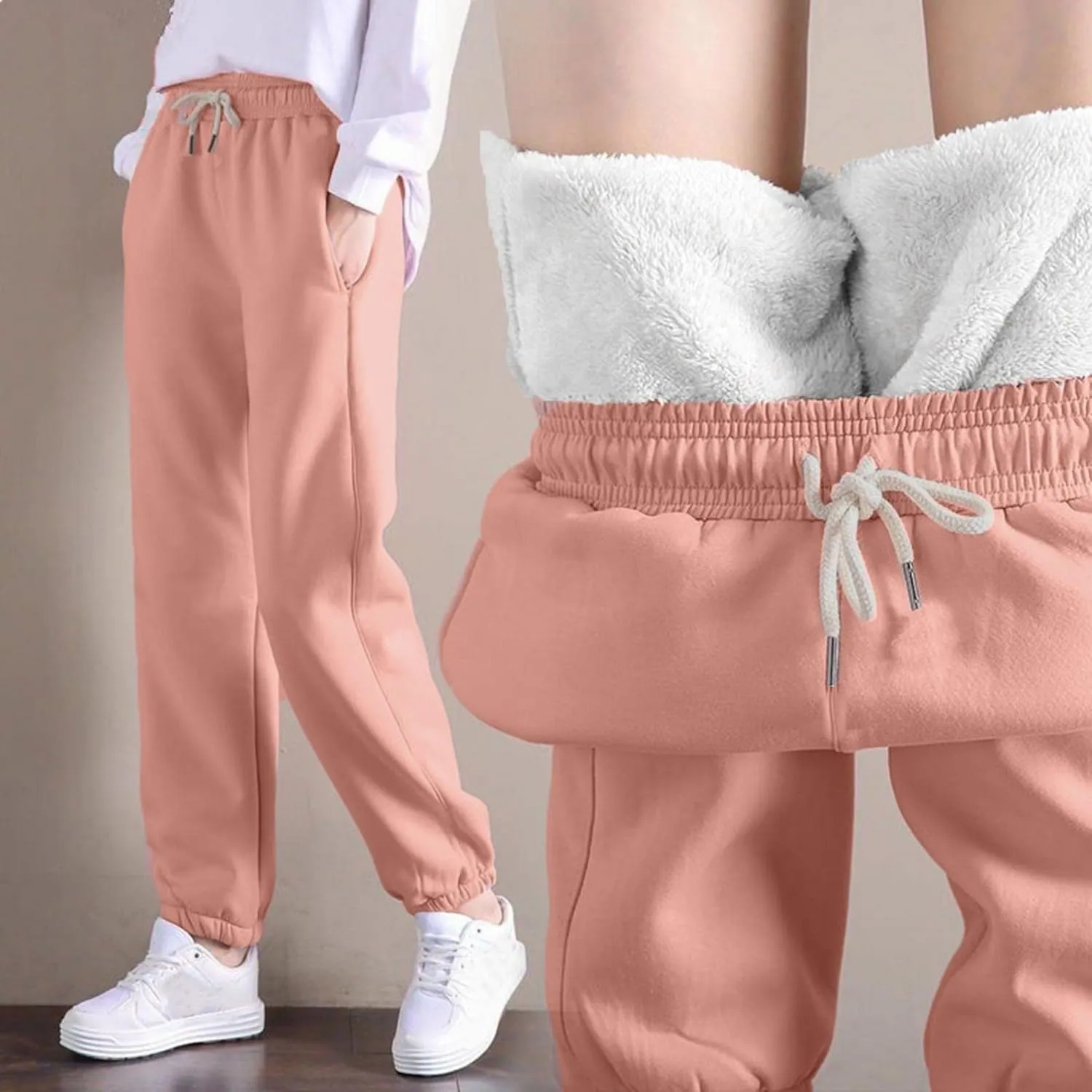 Women's Sherpa Lined Joggers Warm Sweatpants Thermal Athletic Lounge Fleece Pants Drawstring Pocket Sweatpant Trousers