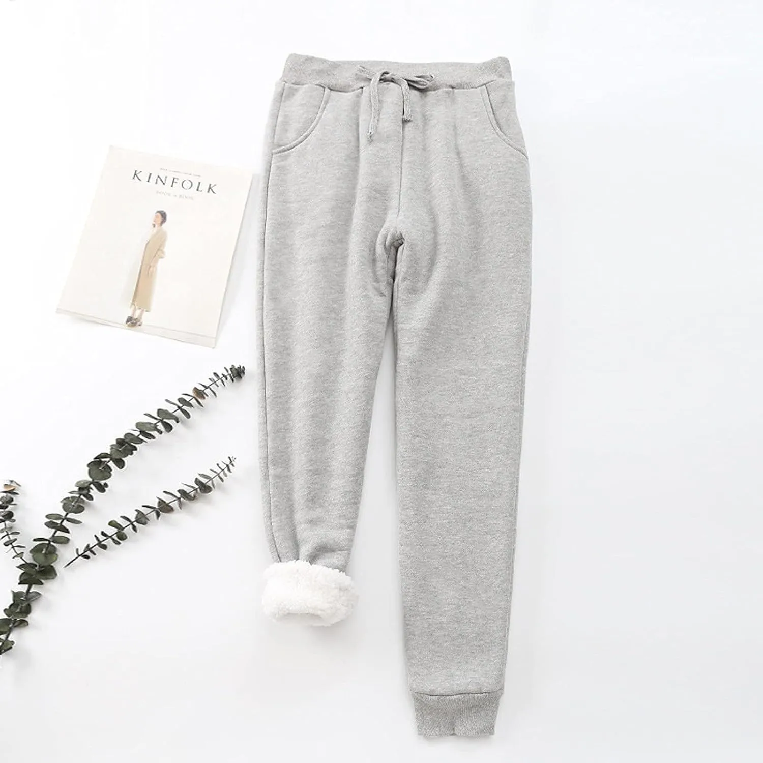 Women's Sherpa Lined Sweatpants High Waist Cinch Bottom Jogger Pants Baggy Warm Fleece Pants Casual Lounge Trousers