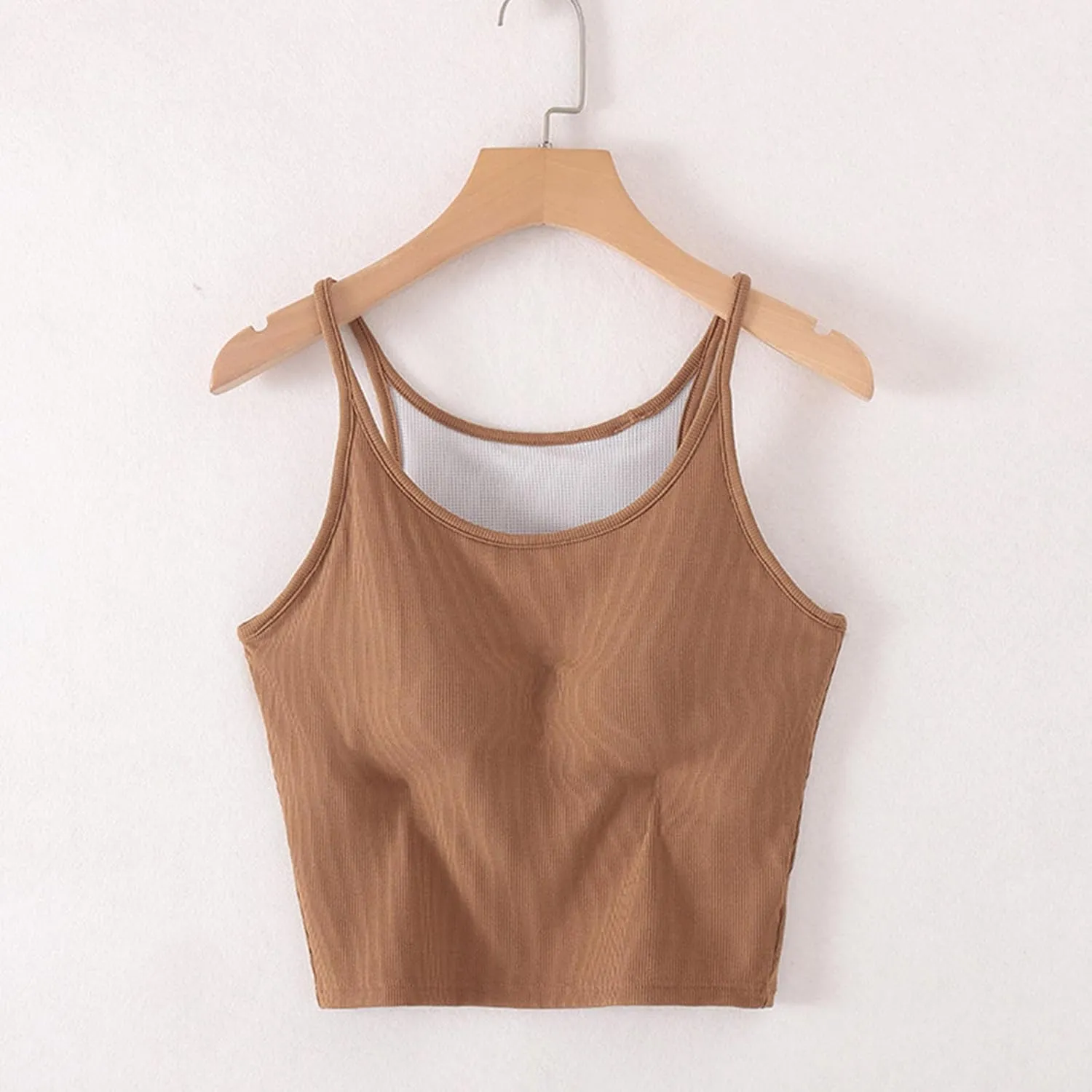 Women's Spaghetti Strap Camisole Ribbed Tank Tops with Built-in Bra Sleeveless Slim Fitted Basic Crop Tee Shirts