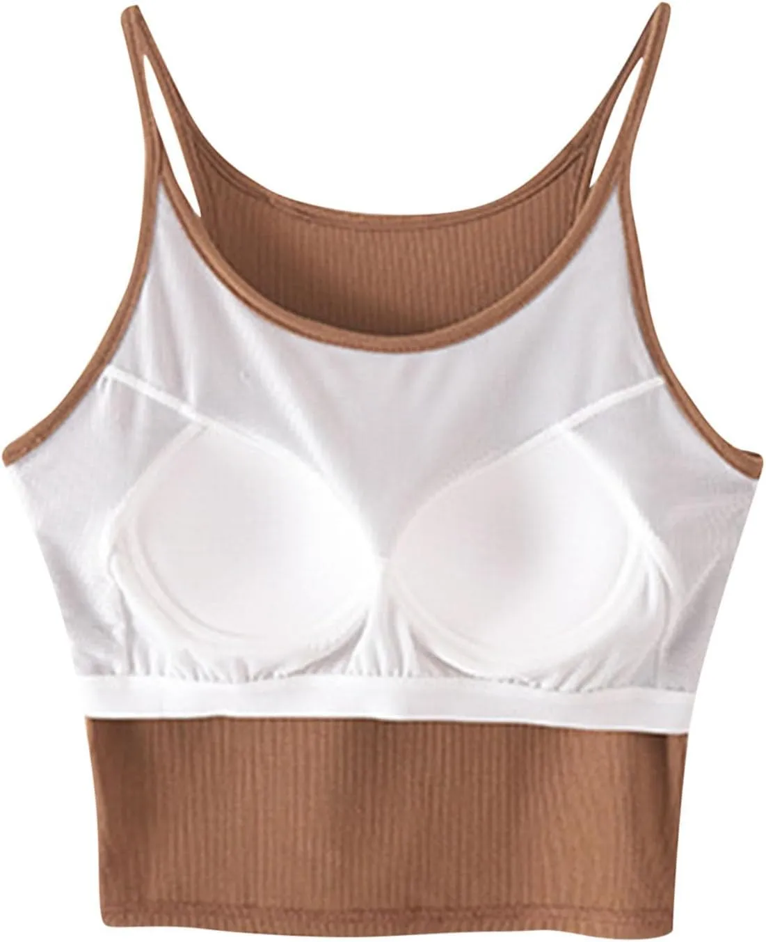 Women's Spaghetti Strap Camisole Ribbed Tank Tops with Built-in Bra Sleeveless Slim Fitted Basic Crop Tee Shirts