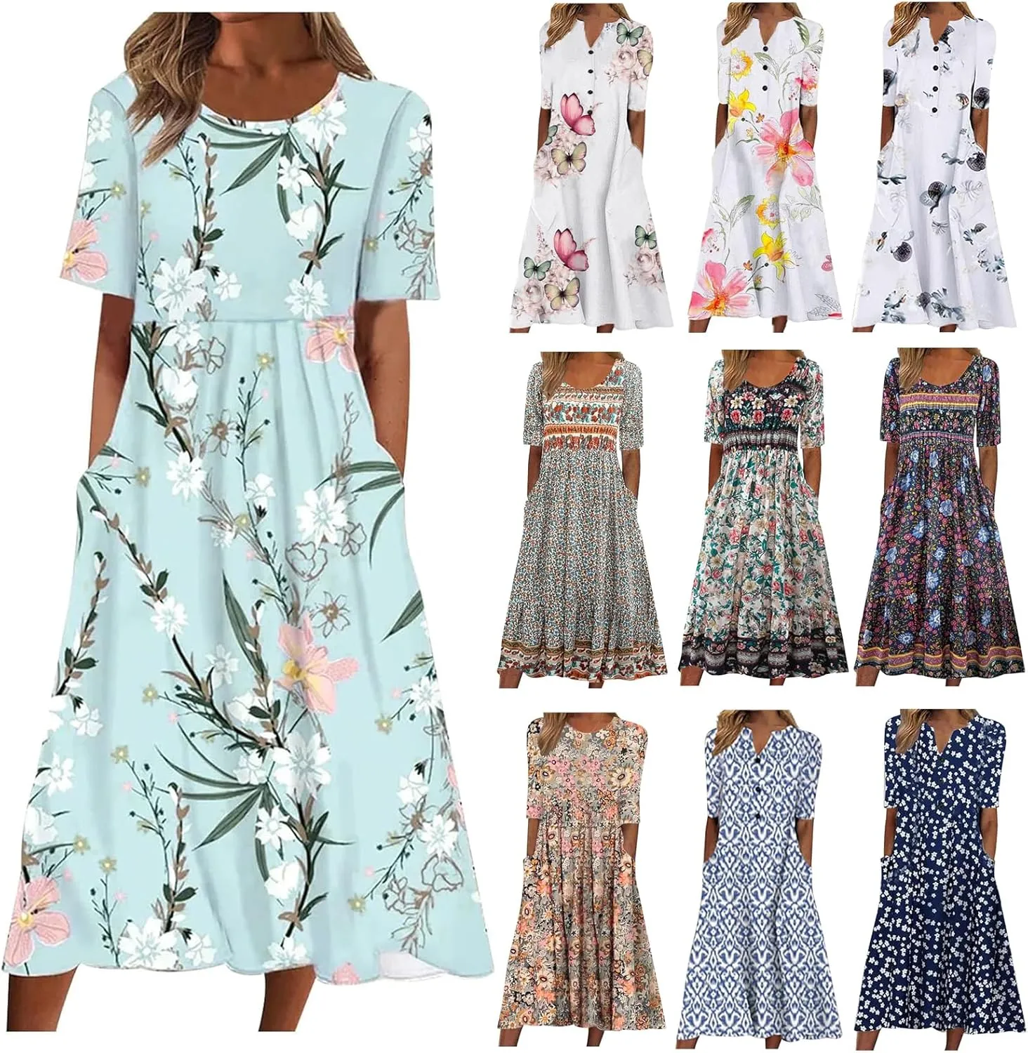Womens Summer Dresses 2025 Casual Plus Size Dress Trendy Floral Boho Dress Flowy Spring Dress Shirt Dress with Pocket