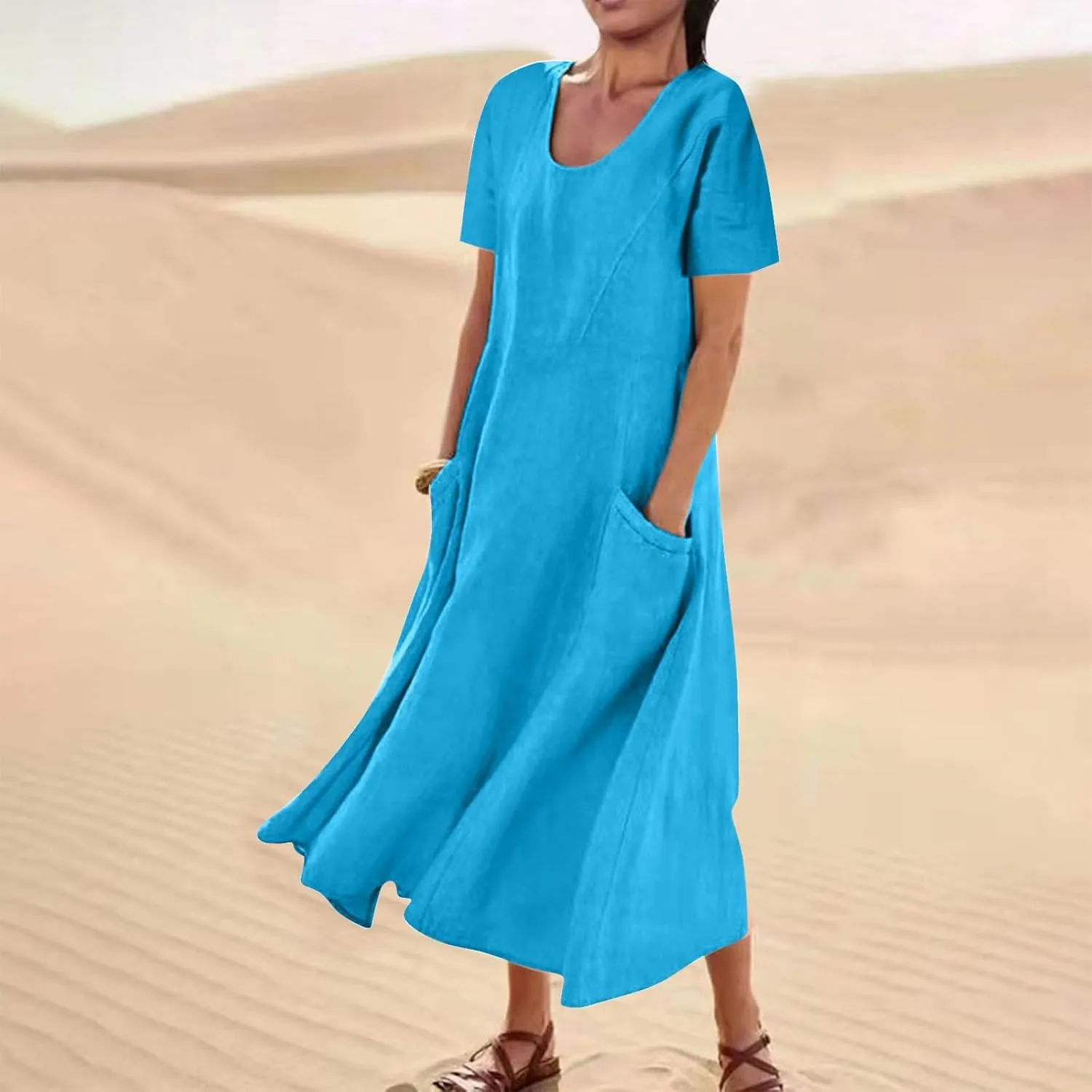 Womens Summer Dresses Cotton Linen Short Sleeve Tshirt Beach Flowy Dresses Casual Loose Solid Sundresses with Pockets