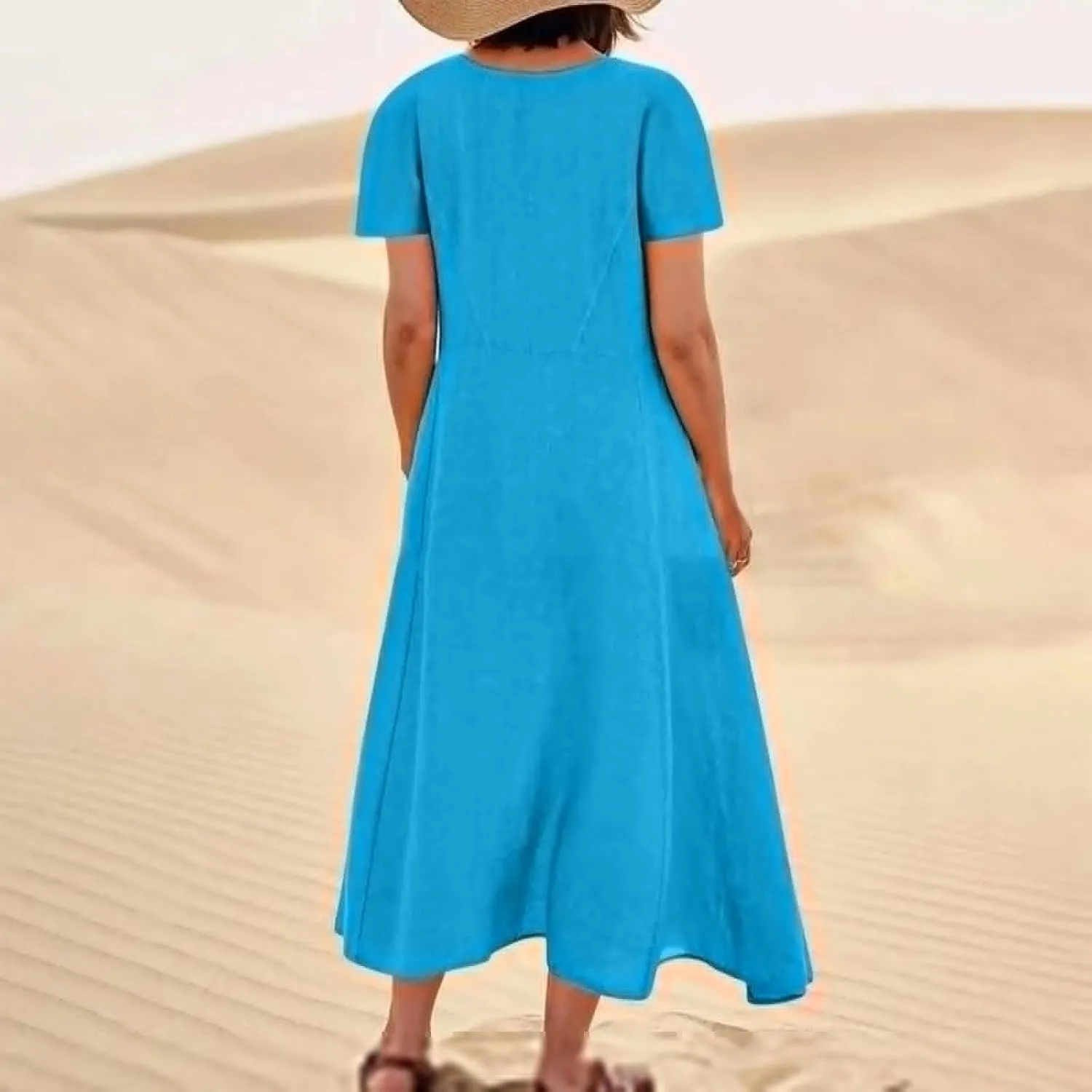 Womens Summer Dresses Cotton Linen Short Sleeve Tshirt Beach Flowy Dresses Casual Loose Solid Sundresses with Pockets