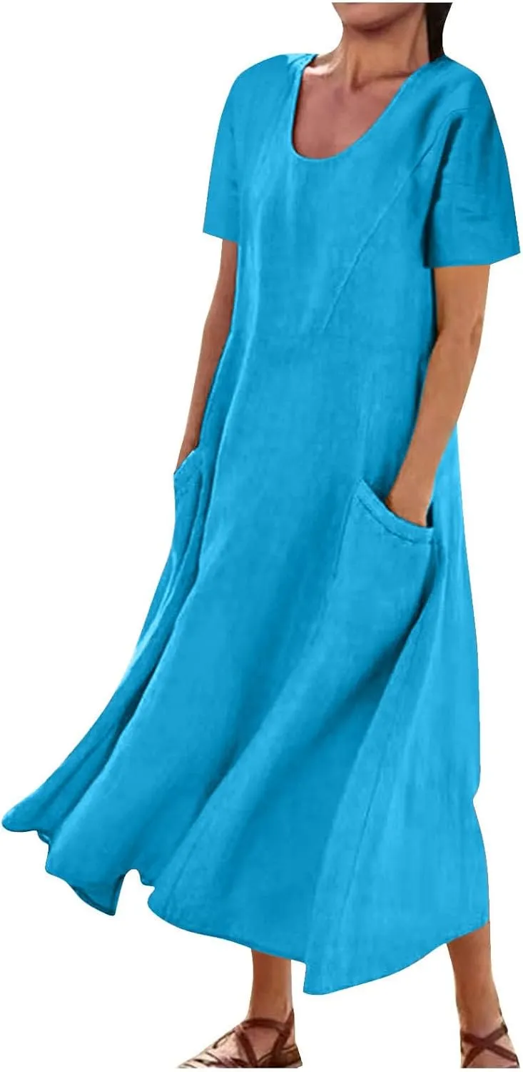 Womens Summer Dresses Cotton Linen Short Sleeve Tshirt Beach Flowy Dresses Casual Loose Solid Sundresses with Pockets