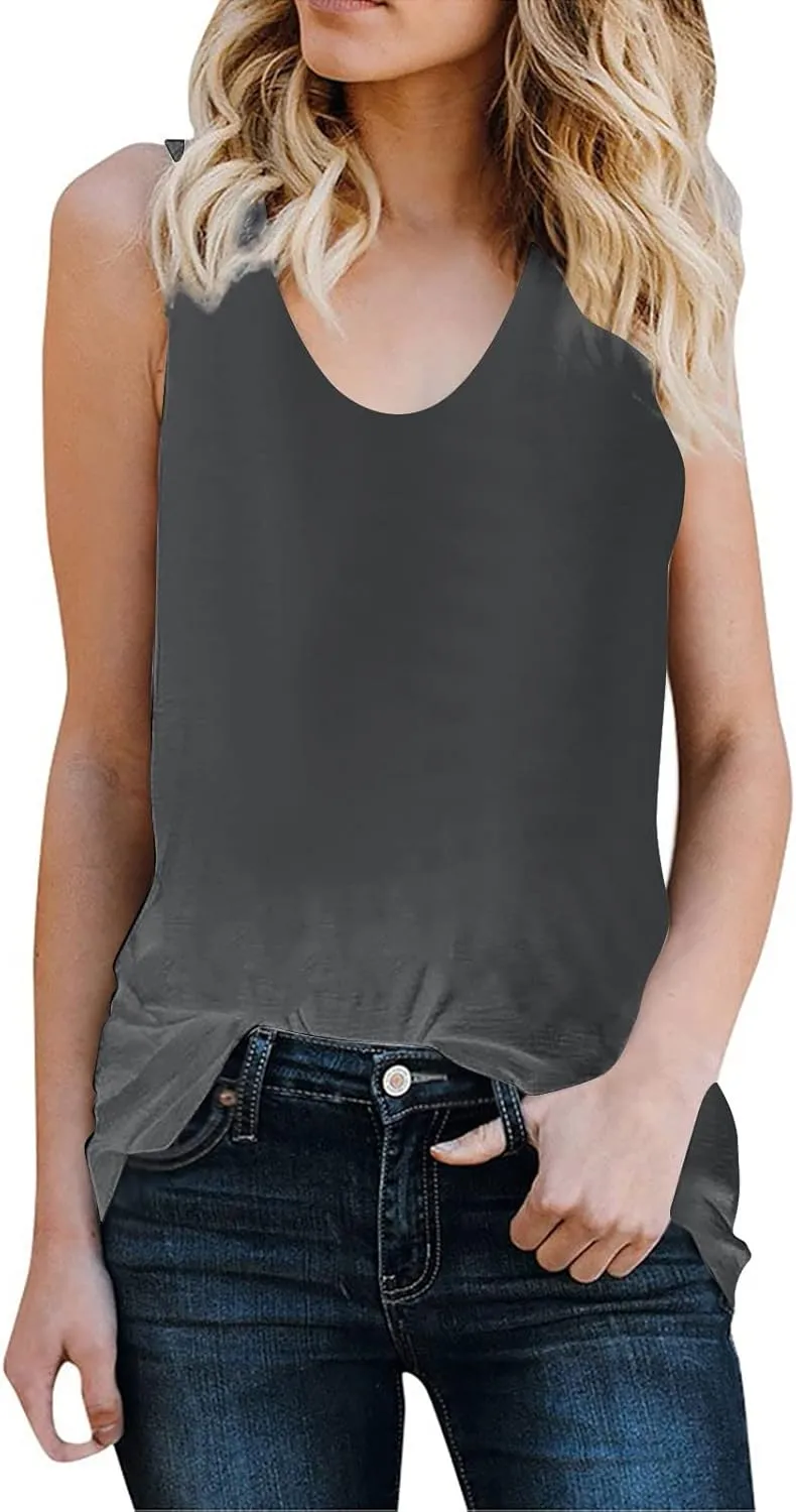 Women's Summer Tops Plus Size U Neck Summer T Shirts Sleeveless Casual Loose Tunic Classy Baseball Mom Blouses