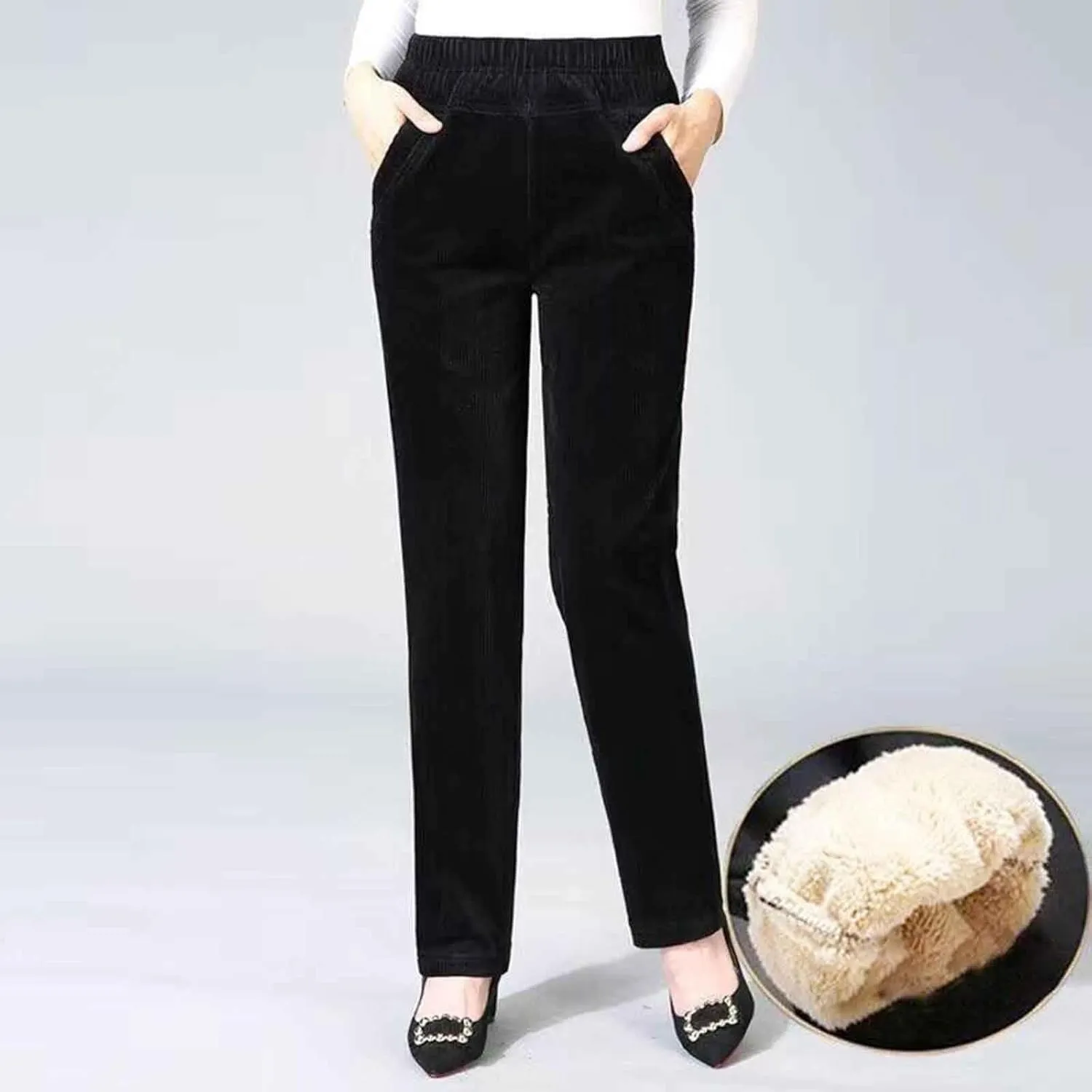 ZYXTIM Women's Fleece Lined Corduroy Pants Plus Size Elastic Waist Casual Pull On Soft Comfy Joggers Hiking Thermal Bottoms